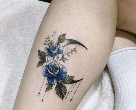小清新小腿玫瑰月亮纹身图案