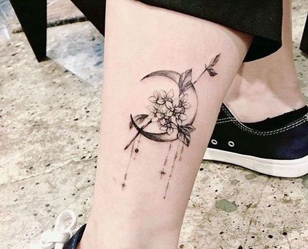 小清新小腿月亮玫瑰纹身图案