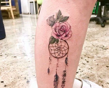 小清新小腿玫瑰捕梦网纹身图案