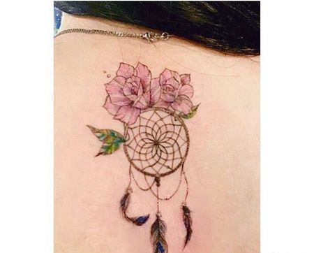 小清新花卉后背捕梦网纹身图案