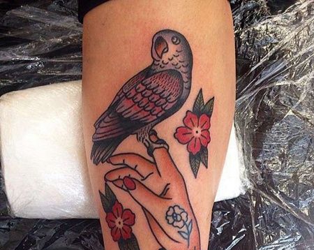 New School小腿手鹦鹉纹身图案