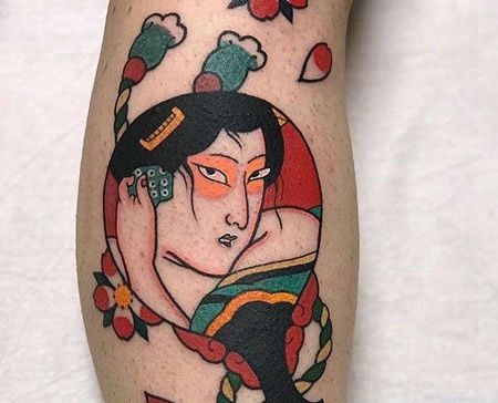 日式小臂女人扇子纹身图案