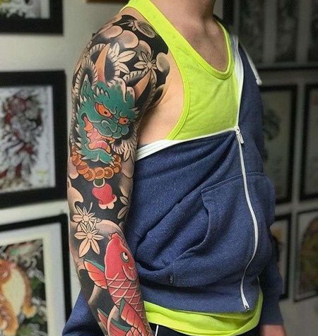 日式胳膊鲤鱼夜叉纹身图案