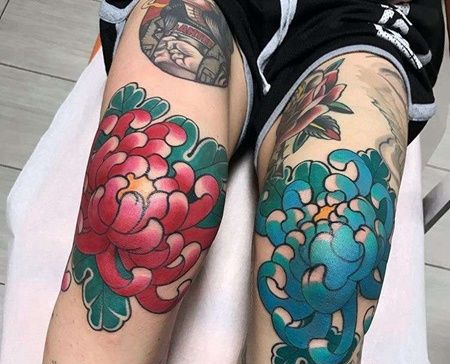 日式膝盖菊花纹身图案