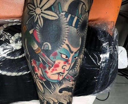 日式小腿生首纹身图案