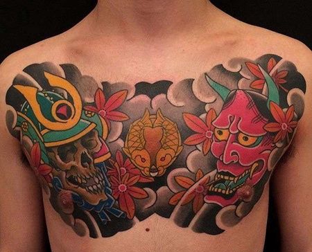 日式前胸般若鬼武士纹身图案