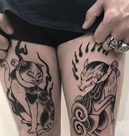 日式大腿猫狐狸纹身图案