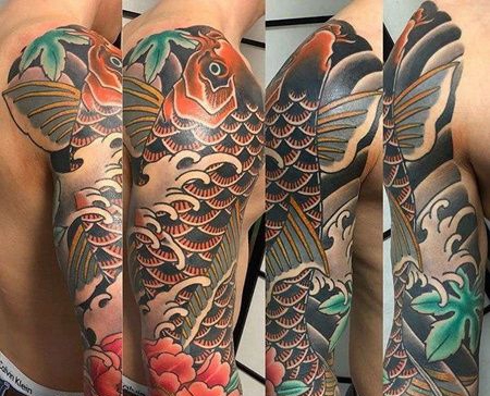 日式大臂鲤鱼牡丹纹身图案