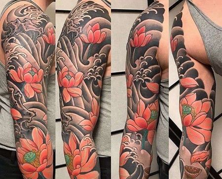 日式胳膊荷花海浪纹身图案