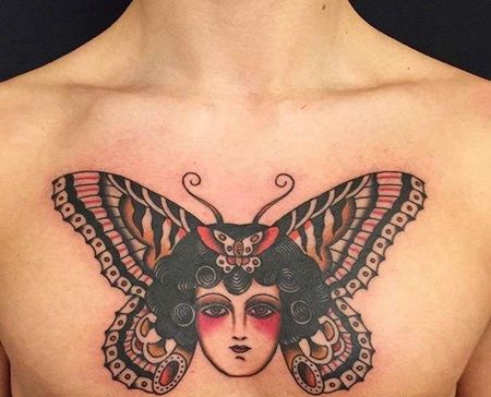 Old School前胸女人蝴蝶纹身图案