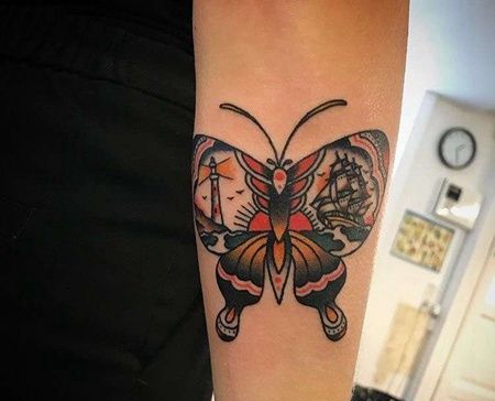 Old School小臂蝴蝶帆船灯塔纹身图案