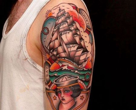 Old School大臂帆船水手纹身图案
