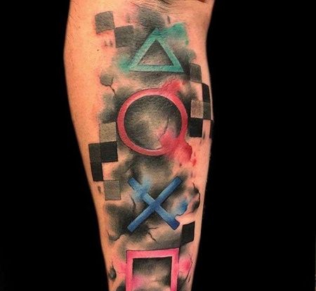 泼墨小腿游戏机按键纹身图案