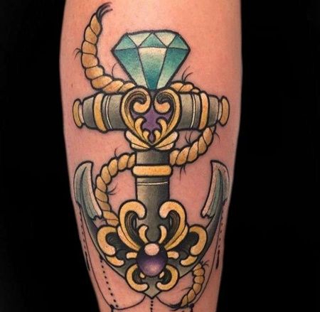 New School小腿船锚宝石纹身图案