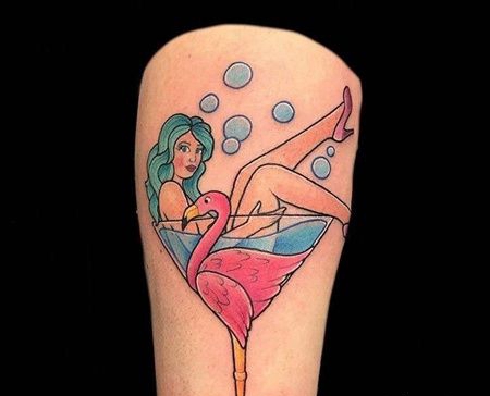 New School小臂火烈鸟高脚杯女人纹身图案