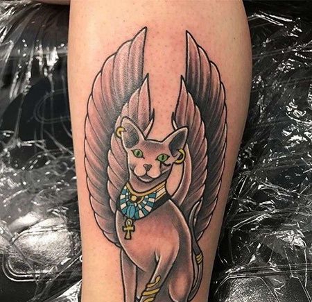 New School小臂斯芬克斯猫纹身图案