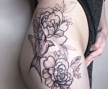 点线大腿花卉鸟纹身图案