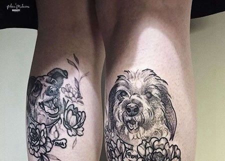 New School小腿狗花卉纹身图案