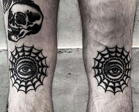 Old School小腿蜘蛛网眼睛纹身图案