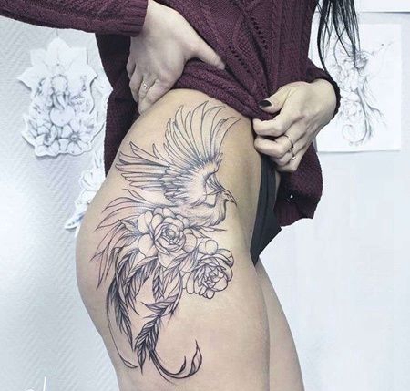 New School大腿凤凰玫瑰纹身图案