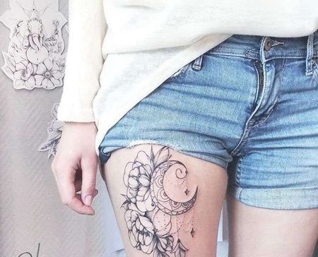 New School大腿月亮花卉纹身图案