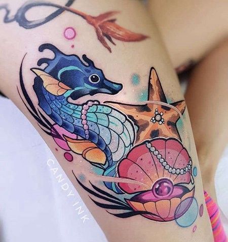 New School大腿海马纹身图案