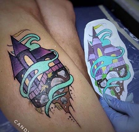 New School小腿城堡纹身图案