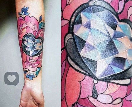New School小臂宝石花卉纹身图案