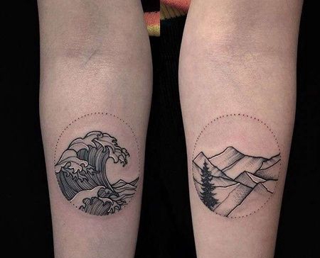 线条小臂海浪山纹身图案