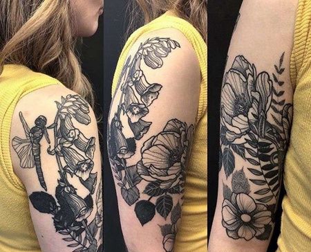 New School大臂花卉蜻蜓纹身图案