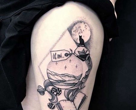 New School大腿月亮猫海浪纹身图案