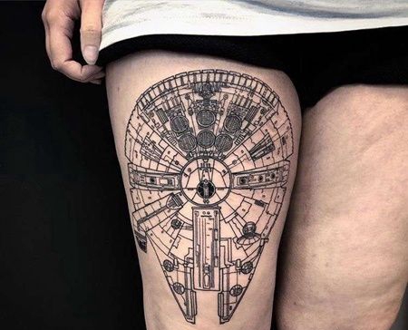 线条大腿飞船纹身图案