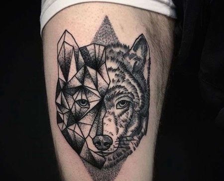 点刺几何大腿狼纹身图案