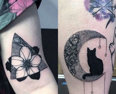 New School大腿花卉月亮猫纹身图案