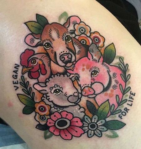 Old School大腿牛羊猪公鸡纹身图案