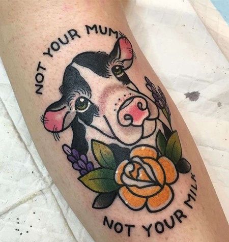 Old School小腿奶牛玫瑰纹身图案