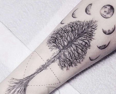点线小臂树月亮纹身图案