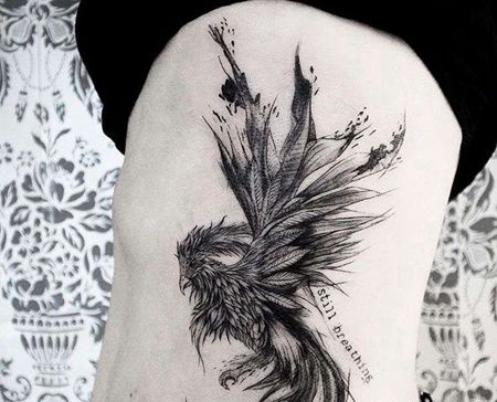 泼墨侧腰凤凰纹身图案