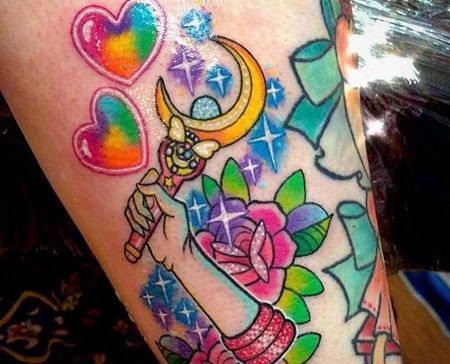 New School小腿心花卉魔法棒纹身图案