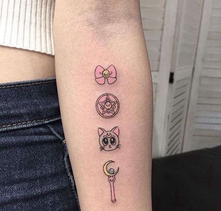 小清新小臂蝴蝶结猫魔法棒纹身图案