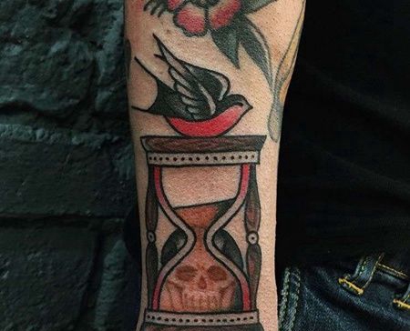 Old School小臂燕子沙漏纹身图案