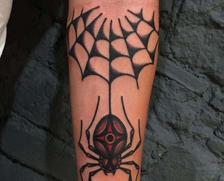 Old School小臂蜘蛛网蜘蛛纹身图案