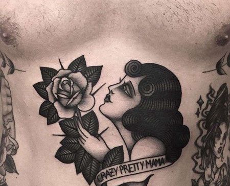 Old School侧腰玫瑰女人纹身图案