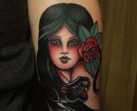 Old School小臂玫瑰女人黑豹纹身图案