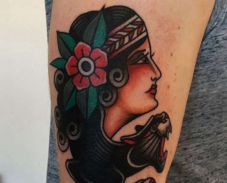 Old School大臂女人玫瑰黑豹纹身图案