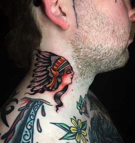 Old School脖子印第安女人纹身图案