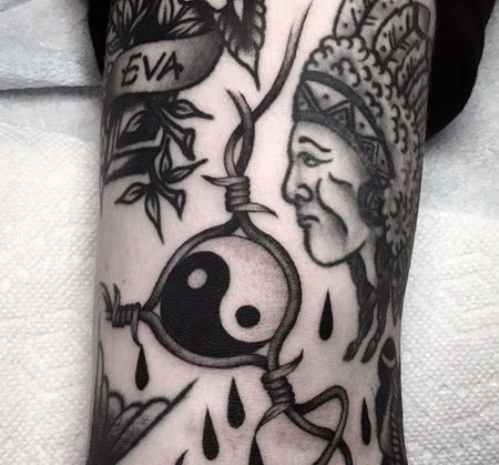 Old School小腿铁蒺藜纹身图案