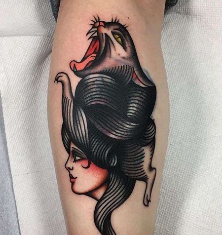 Old School小腿猫女人纹身图案