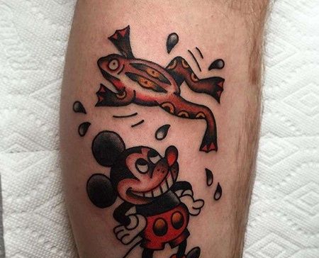 Old School小腿青蛙米老鼠纹身图案