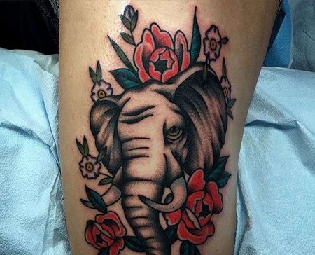 Old School小腿大象玫瑰纹身图案